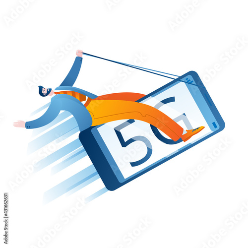 A man in a business suit is flying on a mobile phone. Concept of a vector illustration on the topic of high-speed mobile Internet.