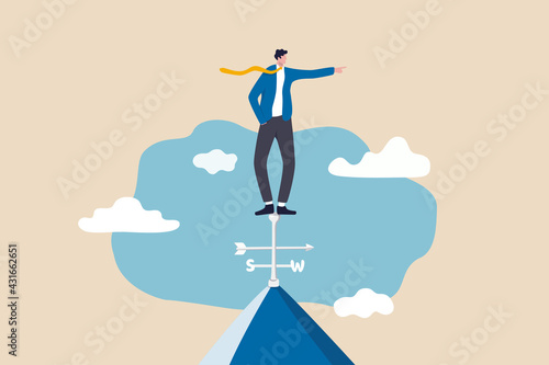 Business direction to achieve success, leadership and visionary concept, smart businessman standing on top of weather vanes on the roof pointing to winning direction.