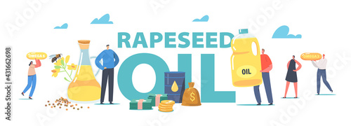 Rapeseed Oil Concept. Tiny Characters Carry Huge Capsules with Omega Fats near Glass Jar and Jug with Organic Product