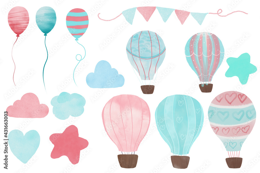 Adorable kid set of pastel illustration: hot air balloon with clouds, balloons, moon, star, heart, flag garland composition and ribbon baby girl boy nursery art