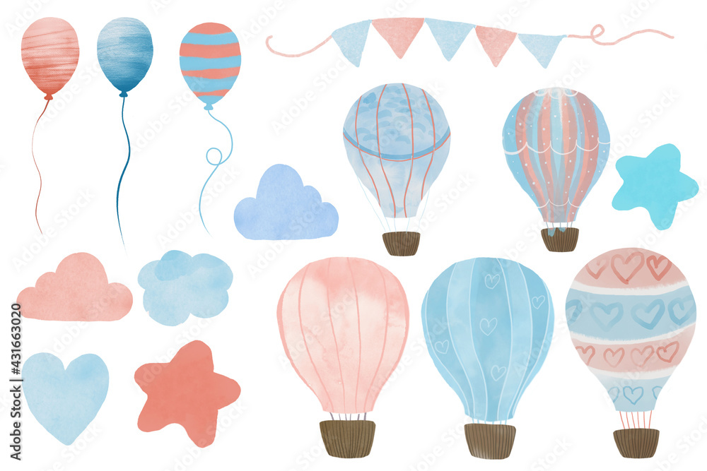Adorable kid set of illustration: hot air balloon with clouds, balloons, moon, star, kite, flower composition and ribbon and raindrops.