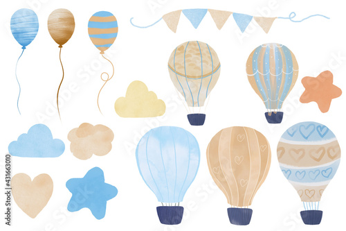 Adorable kid set of pastel illustration: hot air balloon with clouds, balloons, moon, star, heart, flag garland composition and ribbon baby girl boy nursery art