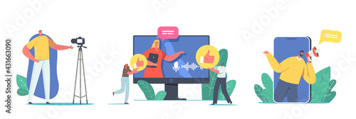Set of Male and Female Characters Vloggers Recording Video Vlog, Internet Live Stream, Broadcasting in Social Networks