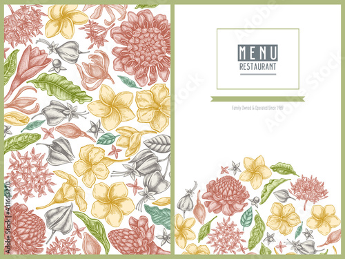 Menu cover floral design with pastel plumeria, allamanda, clerodendrum, champak, etlingera, ixora