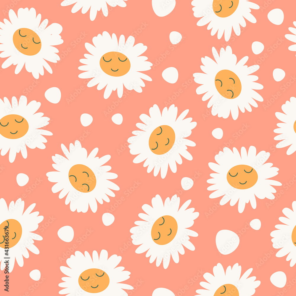 Abstract floral seamless pattern with chamomile with cute faces on pink background. Trendy hand drawn textures. Meadow flowering plant. Vector illustration for kids, paper, cover, fabric and poster. Abstract floral seamless pattern with chamomile with cute faces on pink background. Trendy hand drawn textures. Meadow flowering plant. Vector illustration for kids, paper, cover, fabric and poster.