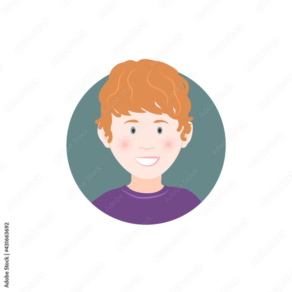Cute caucasian little boy redhead cartoon avatar-character face in a circle, flat vector illustration isolated on a white background.