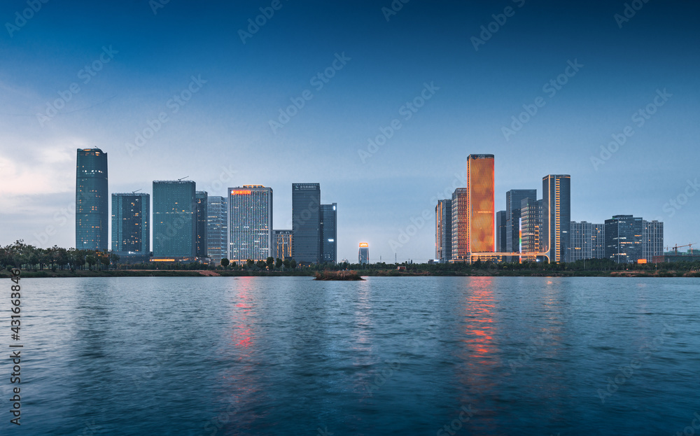 Obraz premium Night view of CBD in Yiwu City, Zhejiang Province, China