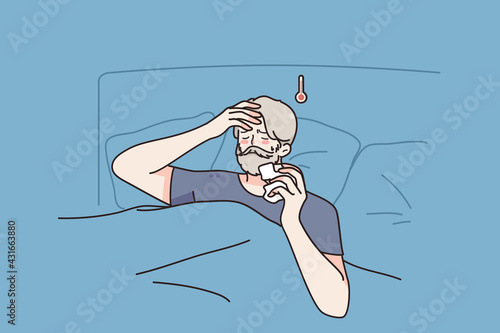 Feeling sick and fever concept. Aged sick man cartoon character staying in bed with headache and high temperature suffering from pneumonia or asthma COVID-19 vector illustration