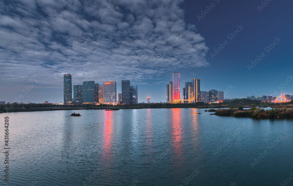 Night view of CBD in Yiwu City, Zhejiang Province, China