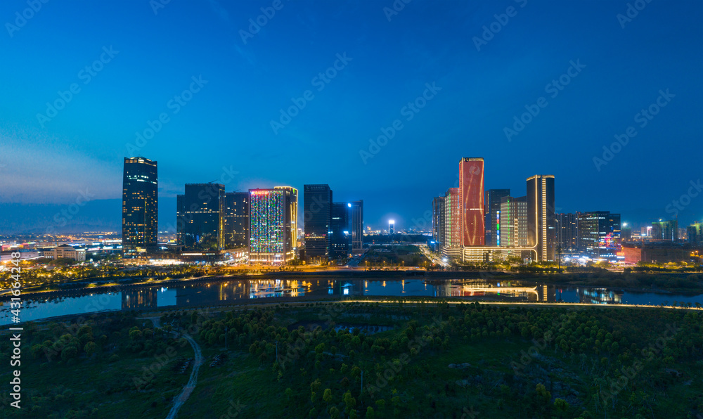 Obraz premium Night view of CBD in Yiwu City, Zhejiang Province, China