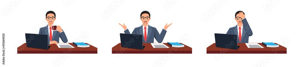 The man holds the cup filled with coffee, asks, work error. vector illustration in front of laptop screen. on the table were books and files. white background in a set The man holds the cup filled with coffee, asks, work error. vector illustration in front of laptop screen. on the table were books and files. white background in a set