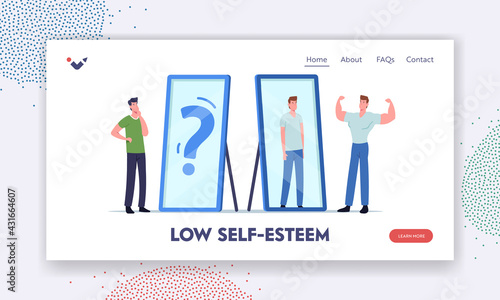 Low Self Esteem, Anger Landing Page Template. Angry Athlete Man Show Muscles to Mirror See Weak Skinny Body Reflection