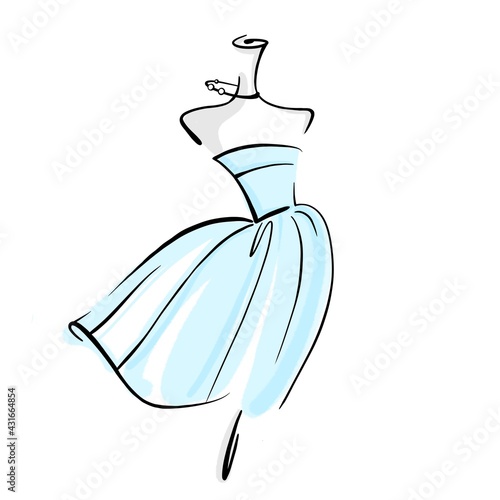Delicate flying blue dress on a mannequin. Linear graphics. Illustration on white background