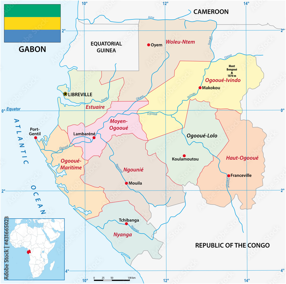 Administrative vector map of the African state of Gabon with flag 