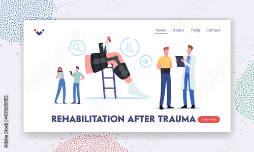Rehabilitation after Trauma Landing Page Template. Orthopedics Healthcare. Orthopedist Doctor Character with Leg Bandage