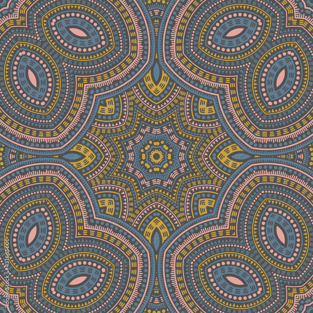 Turkish ethnic mosaic vector seamless pattern. Textile print design. Delicate dutch ornament. Floor print design. Circles and lines composition.