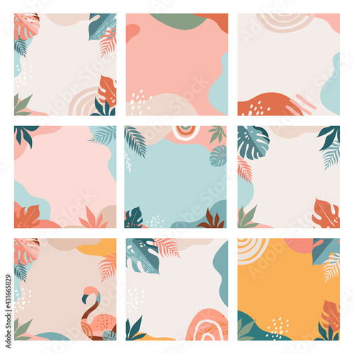 Bohemian Summer, set of modern summer sale post design with rainbow, flamingo, pineapple, ice cream and watermelon 