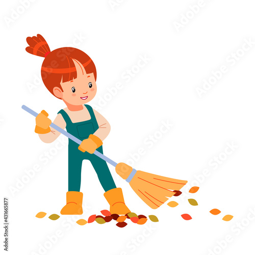 Hello spring or autumn. Little kid gardener raking leaves. Child is doing housework chores at home concept. Happy girl sweeps leaves and helps her parents in the garden. Cartoon vector illustration