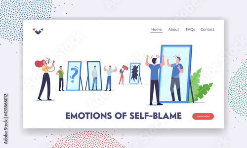 Emotions and Self-Blame, Self Anger, Loathing, Low Esteem Landing Page Template. Unhappy Characters Look in Mirror