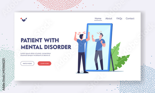 Patient with Mental Disorder Landing Page Template. Low Self Esteem, Loathing and Anger. Character Mind Health Problem