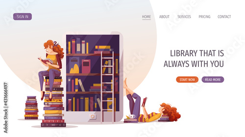 Electronic reader, reading women and stacks of books. Bookstore, book lover, e-book, education concept. Vector illustration for poster, banner, advertising, website.