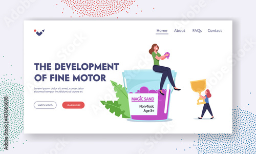 Fine Motor Skills Development Landing Page Template. Family Character Mother and Daughter Playing with Kinetic Sand