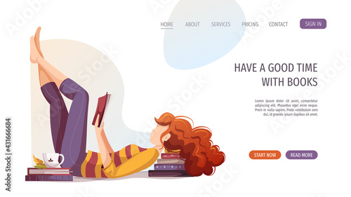 Woman lying on the stack of books and reading. Bookstore, bookshop, library, book lover, bibliophile, education concept. Vector illustration for poster, banner, website, advertising.