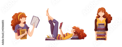Women with books. Bookstore, bookshop, library, book lover, reading, education concept. Isolated vector illustration for poster, banner, website.