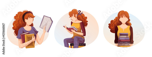 Women with books. Bookstore, bookshop, library, book lover, reading, education concept. Isolated vector illustration for poster, banner, website.