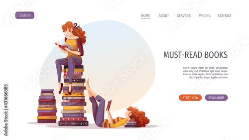 Young women reading books. Bookstore, bookshop, library, book lover, bibliophile, education concept. Vector illustration for poster, banner, website, advertising.