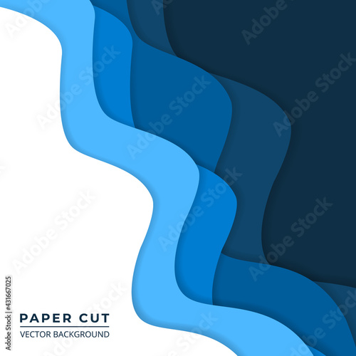 Blue and white paper cut abstract background. Wavy paper layers on a dark navy blue background. Vector illustration EPS10.