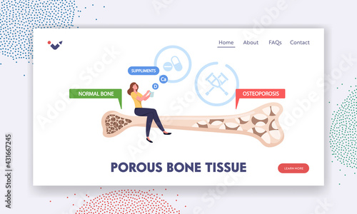 Porous Bone Tissue Landing Page Template. Osteoporosis, Health Care. Tiny Female Character Sitting on Huge Bone