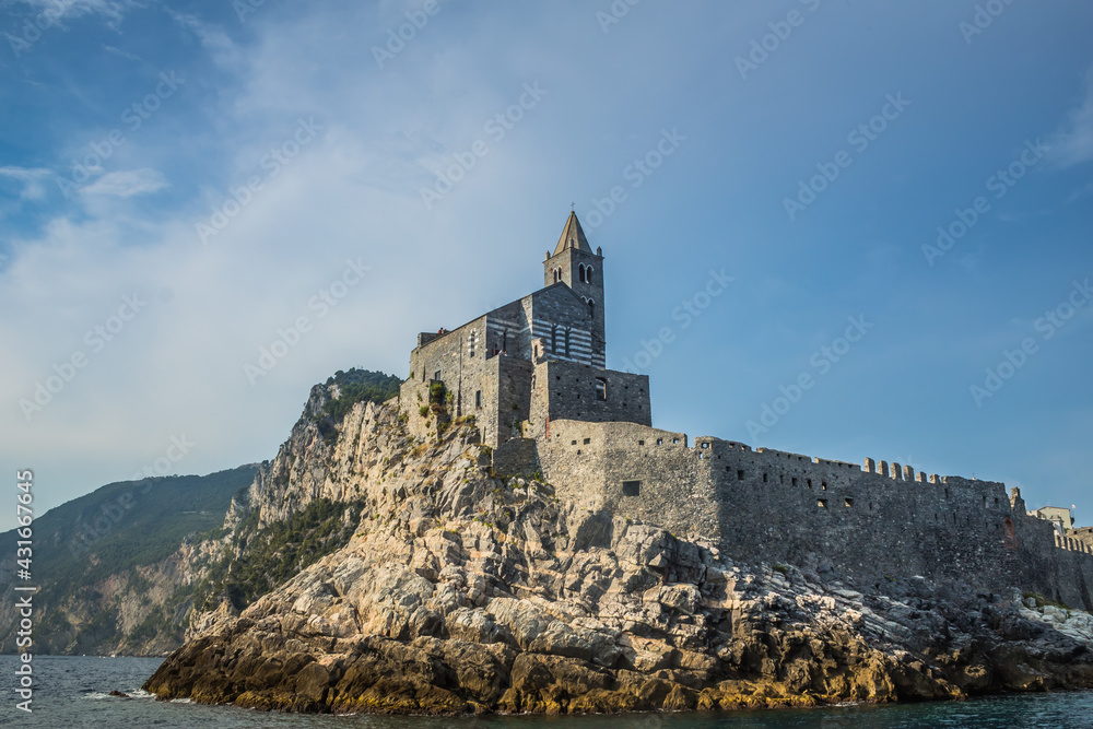 Church of St. Peter in the Ligurian town of Portovenere, Italy. The Gothic Church was consecrated in 1198. The Church of St. Peter is a Roman Catholic church in Porto Venere, province of La Spezia.