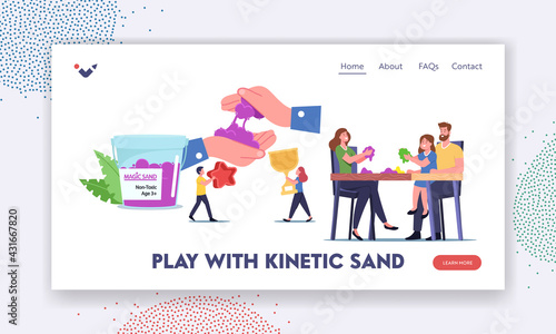 Amusement Recreation Sparetime Landing Page Template. Family Characters Parents and Kids Playing with Kinetic Magic Sand