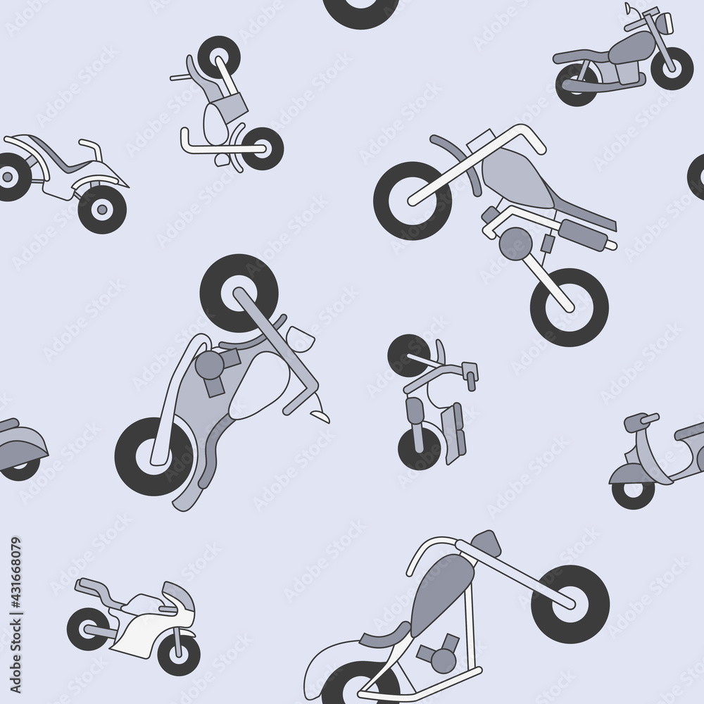 Motorbike - Vector color background (seamless pattern) of motorcycle, bike, chopper, scooter and other transportation for graphic design