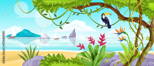 Summer jungle beach landscape, vector tropical island nature background, ocean, sand, toucan, liana, tree. Paradise seashore exotic wallpaper, rocks, boats, sky, clouds. Horizontal beach landscape