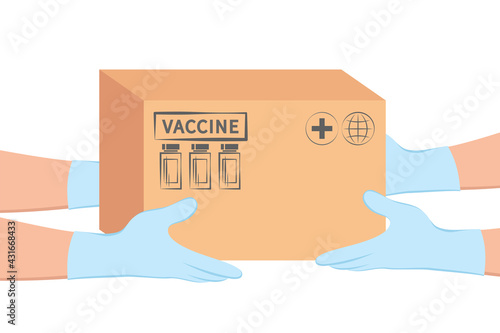Gloved hands hold a box of coronavirus vaccine. Humanitarian aid during a pandemic. Delivery of the vaccine to the hospital. Vaccination and anti virus concept. Vector illustration