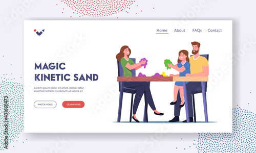 Characters Playing with Kinetic Magic Sand Landing Page Template. Mother, Father and Little Daughter Sitting at Desk