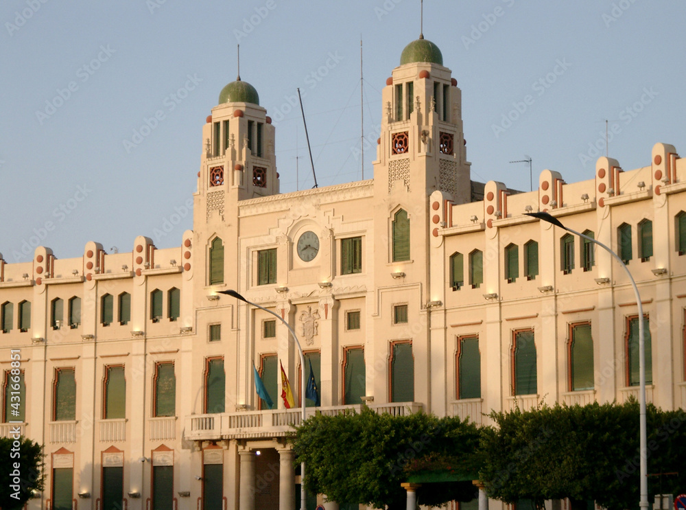 Melilla (Spain). Sunset at the Assembly Palace in the Plaza de España in the city of Melilla