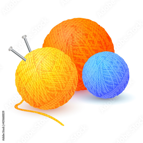 Different color balls of yarn threads. Bundles of wool for knitting isolated on white background. Realistic detailed colored yarn balls with knitting needles. Skeins of wool. Vector illustration EPS10