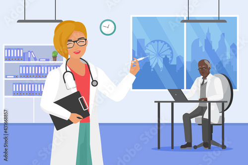 Medicine teamwork in hospital vector illustration. Cartoon woman nurse character with glasses holding syringe injection, man doctor working with laptop at table in medical office interior background