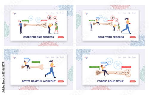 Osteoporosis Landing Page Template Set. Tiny Male Female Characters with Bones Disease Symptoms near Huge Bone