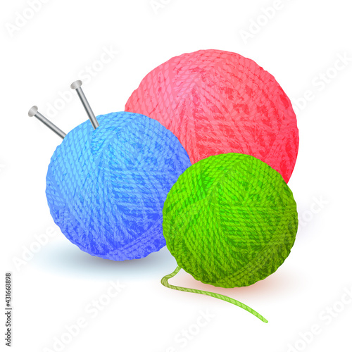 Different color balls of yarn threads. Bundles of wool for knitting isolated on white background. Realistic detailed colored yarn balls with knitting needles. Skeins of wool. Vector illustration EPS10