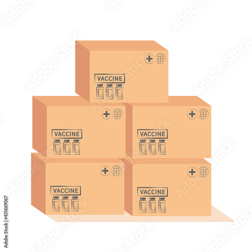 Covid-19 Vaccine in boxes, ready to delivery or distribute to all world. Vaccine Storage Room. Covid-19 Coronavirus vaccine stock. Vaccination and immunization concept. Vector illustration