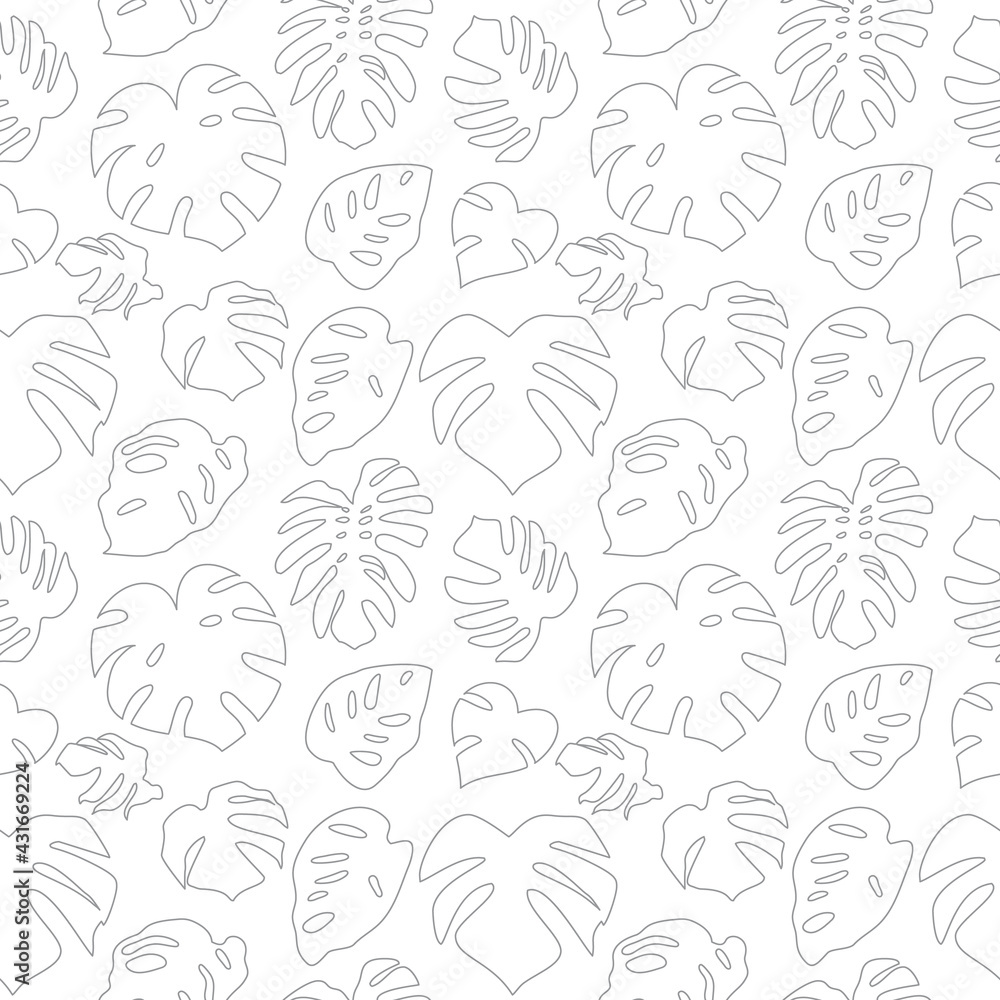 Seamless simple monochrome pattern with gray outline monstera leaves on white background. Vector illustration. Seamless simple monochrome pattern with gray outline monstera leaves on white background. Vector illustration.