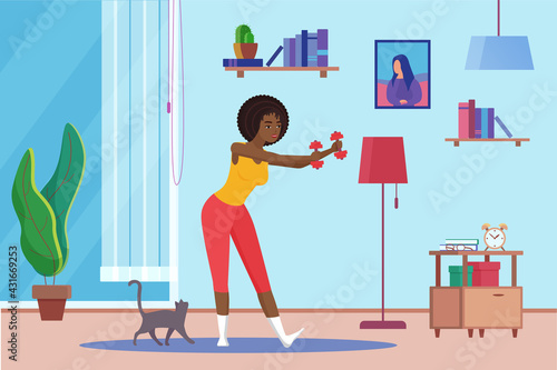 Girl training with dumbbells, fitness sport workout at home vector illustration. Cartoon active young woman character doing daily exercise routine, everyday healthy lifestyle activity background