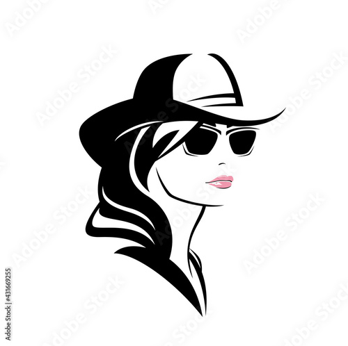 beautiful cowgirl with long hair wearing sunglasses and traditional cowboy hat - woman head vector portrait design
