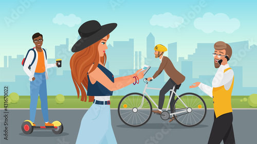 People walk in city summer park vector illustration. Cartoon young guy riding modern electric scooter gyroboard, man in helmet cycling, girl in hat holding mobile phone and walking background