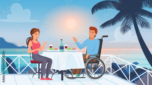 Romantic relationship and marriage of disabled people concept vector illustration. Cartoon man with disability and girl sitting on terrace of tropical beach for dinner. Love romance dating background