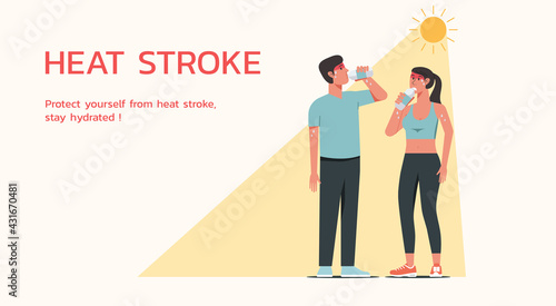 Male and female athlete character standing together in sunny weather in summer and drinking water to prevent heatstroke symptom  vector flat illustration